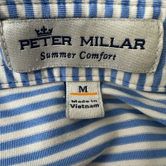 Peter Millar Summer Comfort Polo Shirt Men's Medium Blue White Striped Bus Logo - Picture 5 of 9